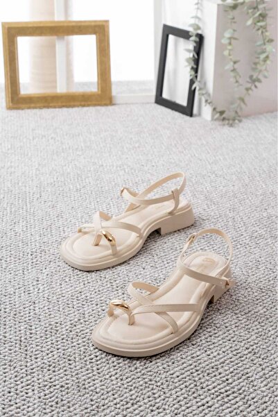 modalmila Women's Beige Ring Detailed Casual Ring Sandals