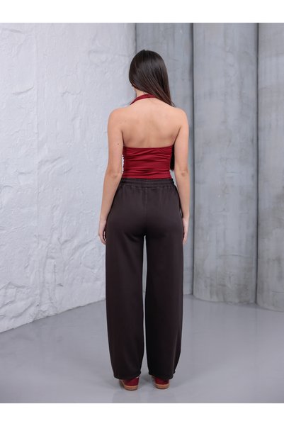 Siyah İz Women's Brown Baggy Linen Pants Elastic Waist Lace-Up Comfortable Wide Leg Summer Pants