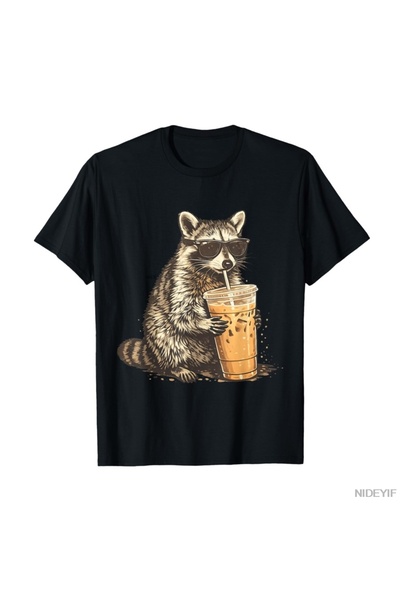 Flood Of Style Αστείο μπλουζάκι με ρακούν και παγωμένο καφέ, αστείο γραφικό μ...