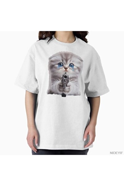 Flood Of Style Μπλουζάκι με θλιμμένη γάτα που κρατάει όπλα, 100% Βαμβάκι T-sh...