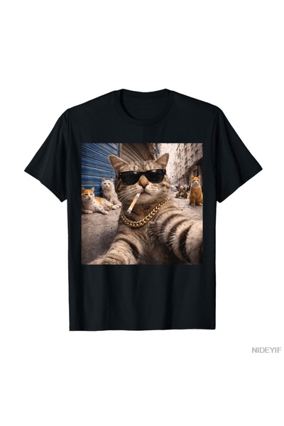 Flood Of Style تي شيرت كات جانجستر ستريت كاتس سيلفي مضحك بتصميم ميمي وفكاهي ل...