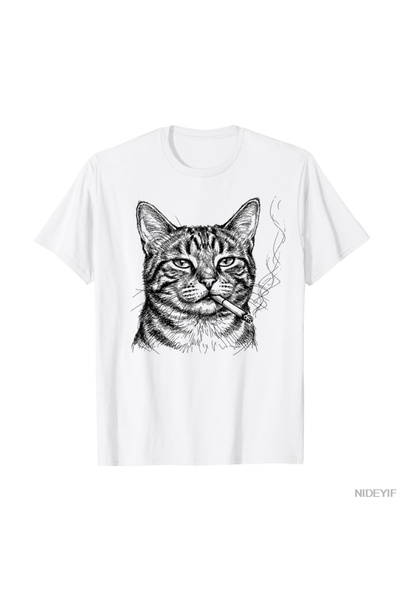 Flood Of Style Chill Cat Smoking Sketch Art K pisică Lover Design T tricou 10...