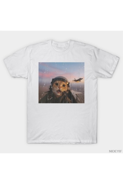 Flood Of Style تي شيرت مضحك بطبعة قطة المحارب الطيار للرجال والنساء 100% قطن ...