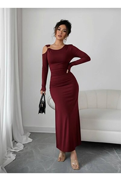 Butikcadde Modal Fabric Metal Accessory Detail Draped Maxi Dress