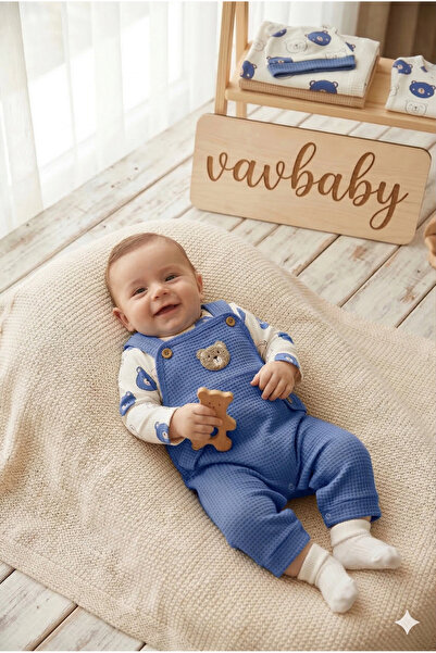 VaVbaby Waffle Knitted Baby Salopet Set with Teddy Bear Figure Blue (Socks as...