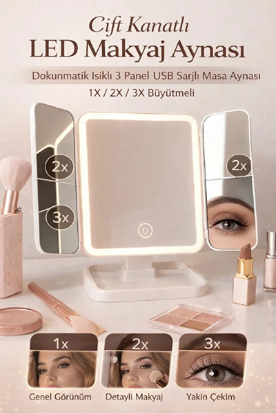 St Morritz Katlanabilir LED Işıklı USB Şarjlı Taşınabilir Makyaj Aynası, Çokl...