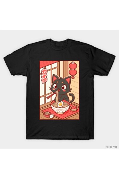 Flood Of Style Μπλουζάκι Black Cat για άνδρες και γυναίκες 100% Βαμβάκι μπλου...