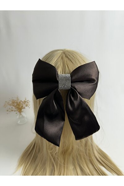 MegssStore مشبك أوتوماتيكي بفيونكة من الساتان باللون البني مرصّع بالأحجار