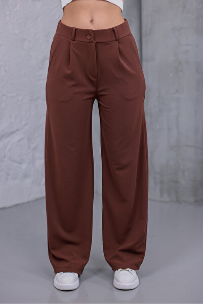 MYRAB DENİM Women's Brown High Waist Palazzo Pants Wide Leg Crepe Fabric Comf...