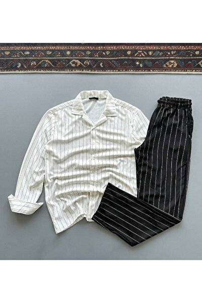 blucombin Men's Baggy Striped Crepe Shirt and Pants Set