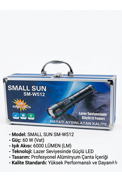 Small Sun SM-W512 Profesyonel Lazer LED El Feneri - 60W 6000 Lümen Şarjlı Güç...