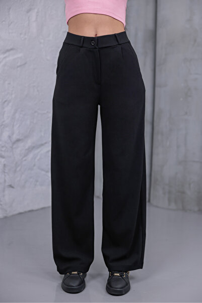 MYRAB DENİM بنطلون نسائي أسود عالي الخصر بنطلون واسع الأرجل واسع الساق كريب م...