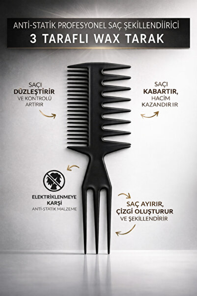AYMETA 3 Taraflı Profesyonel Wax Tarak Anti Statik Saç Şekillendirici Hacim V...