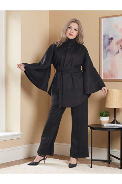 Finelook Modern Modest Suede Set for Women — High Neck Belted Abaya Style