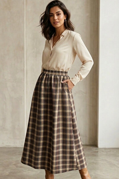 Thestiluxe Plaid Li Cotton Lu Midi Length Fleto Pocketed Elastic Skirt