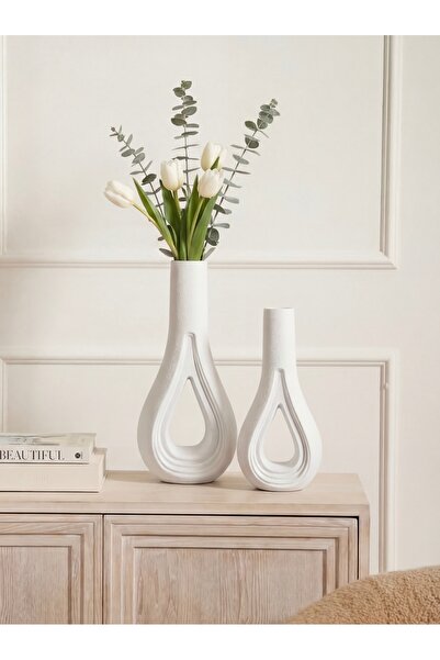 TAŞ ART Modern Drop Shaped Set of Textured White Vases - Matte 2-Piece Home D...