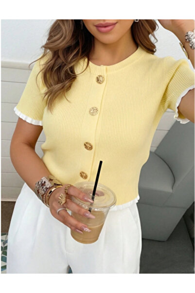 STF MODA Γυναικεία ζακέτα με κοντά μανίκια και λεπτομέρεια με κουμπιά