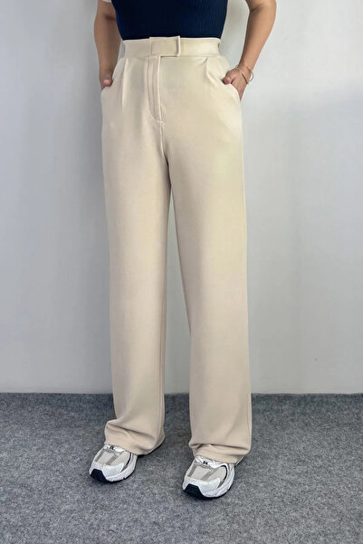 EVAN EVA Women's Cream Lycra Velcro Closure Palazzo Pants