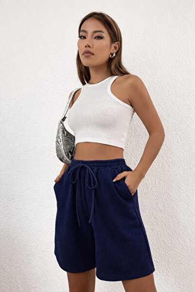 NAKRUF Navy Blue Solid Color Women's Regular Shorts