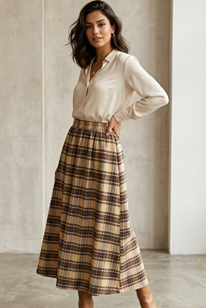 Thestiluxe ecosez li bumbac lu lungime midi Fleto cu buzunare Fusta elastică