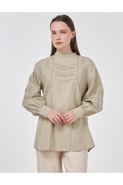 Kayra Ribbed Stitched Cotton Linen Blouse Mold Green