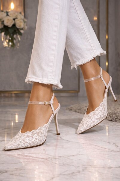 Giydim Gidiyor Lace Heart Dantel Stiletto Beyaz