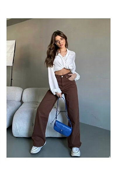 LAYAL MY BEAUTY Kadın Palazzo Salaş Rahat Kesim Likralı Yüksek Bel Jeans Kot ...