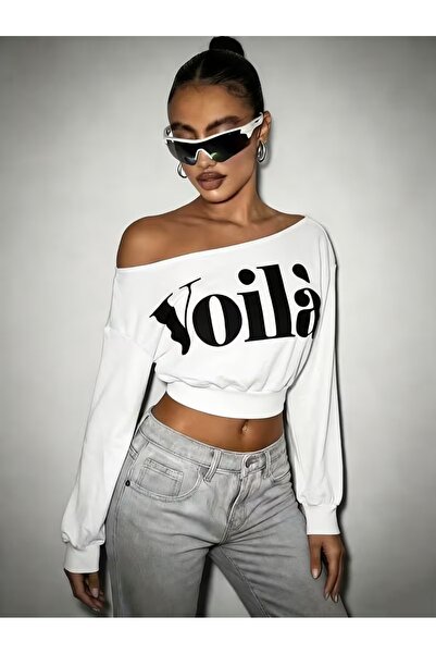WESTİMO Women's Voila Printed Boat Neck Oversized Cropped Sweatshirt