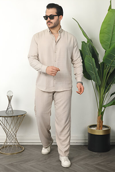 beuivo Men's Sofia Linen Beige Long Sleeve Shirt & Sofia Linen Beige Baggy Pa...