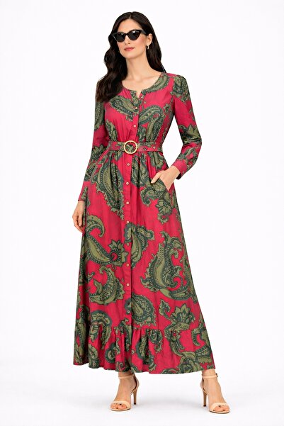 Marjinal Women's Cotton Buttoned Belt Piece Dress