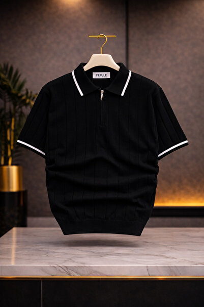 oneoff Ανδρικό μπλουζάκι με λαιμόκοψη πόλο, υφή πλεκτού, με μισό φερμουάρ, κα...