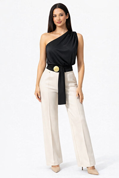 WinyModa Siyah Tek Omuz Drapeli Bluz Gold Toka Detaylı Bağlamalı Kemer Şık Üst