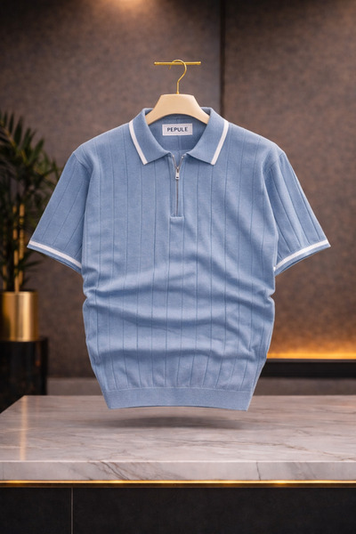 oneoff Men's Polo Collar Knitwear Textured Half-Zip Regular Cotton T-Shirt