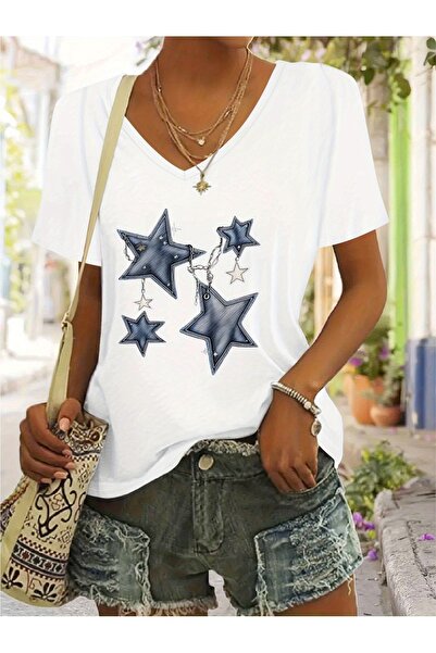 mercoledi تي شيرت نسائي من قماش الدنيم منقوش ستار مطبوع بأكمام على شكل حرف V ...