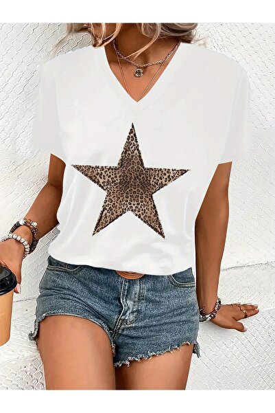 mercoledi Γυναικείο μπλουζάκι Star Με λεοπάρ τύπωμα με λαιμόκοψη V και μανίκι...