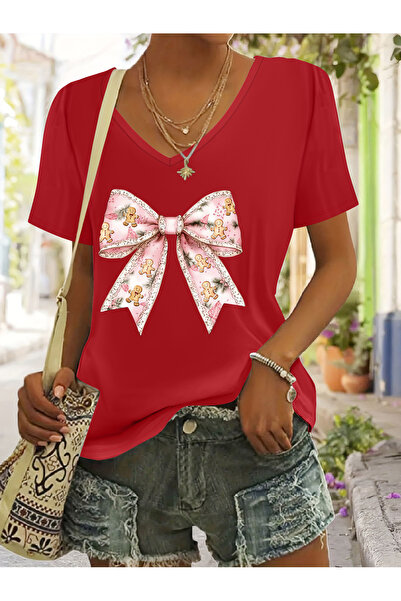 mercoledi Women's Ribbon Printed V-Neck Sleeved Regular Fit T-Shirt