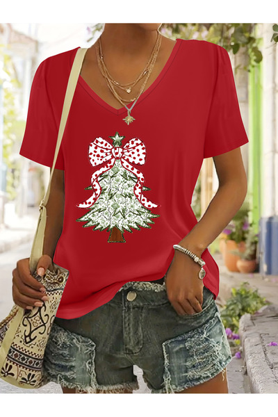 mercoledi Women's Christmas Tree Printed V-Neck Sleeves Regular Fit T-Shirt