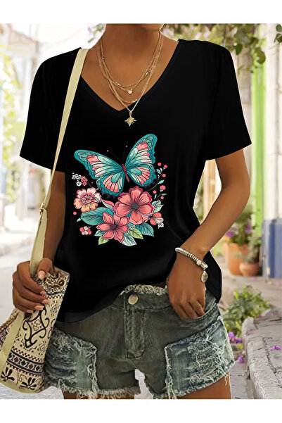 mercoledi تي شيرت نسائي من Kelebek مطبوع بأكمام على شكل حرف V وقصة عادية