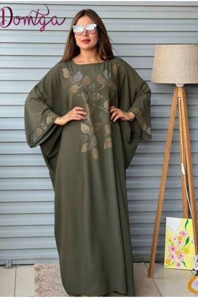 domiga Loose Olive Jalabiya with Gold and Silver Flower Embroidery