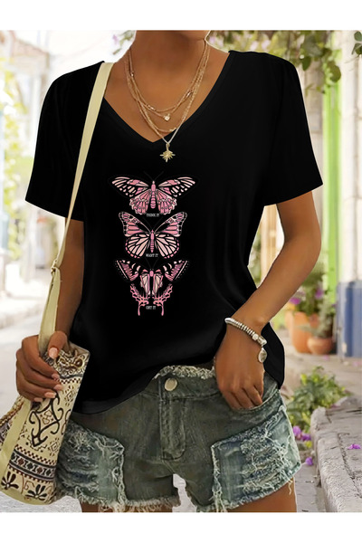 mercoledi Women's Butterfly Printed V-Neck Sleeved Regular Fit T-Shirt