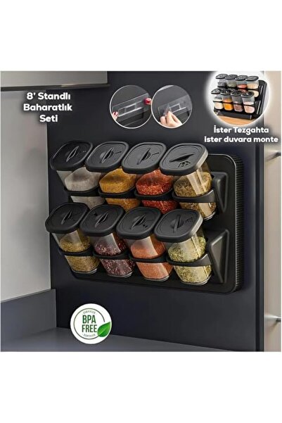 STOREMAX Turan 8'li Duvara Asmalı Baharatlık Seti - Tezgah Üstü Stantlı, Yapı...