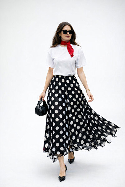 PINTORE Kadın Siyah Puantiye Desenli Şifon Etek