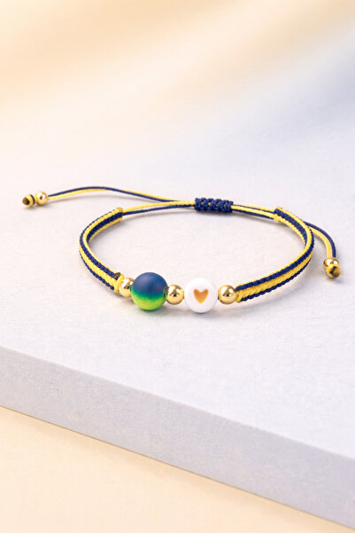 Crystal Atelier Yellow Navy Blue Heart Macramé Fan Bracelet Adjustable Minima...