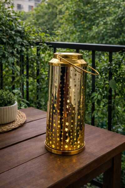 Banum Luxury Yıldız Patterned Gold Tone Decorative Metal Lantern Lamp Balcony and Home