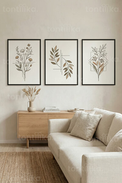 Tontilika Minimalist Botanik Çizimler 3’lü Ahşap Çerçeveli Tablo Seti