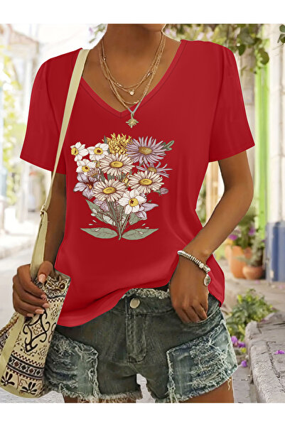 mercoledi Women's Printed V-Neck Regular Fit T-Shirt with Sleeves