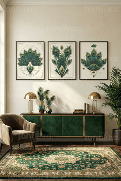 Tontilika Stilize Tavus Kuşu ve Art Deco Desenleri 3’lü Ahşap Çerçeveli Tablo...