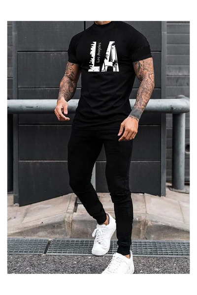 R&M Brotherhood LA LOS ANGELES BASKILI T-SHIRT VE SİYAH YAZLIK EŞOFMAN ALT YENİ SEZON TREND