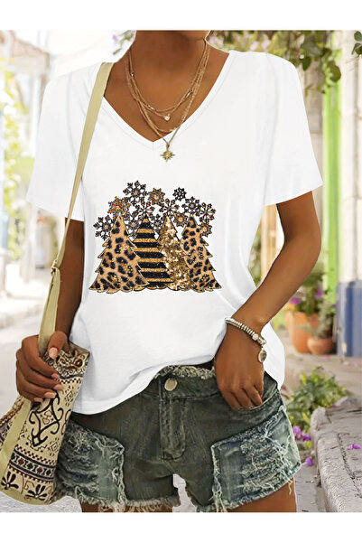 mercoledi Women's Printed Half V-Neck Sleeves Regular Fit Casual T-Shirt