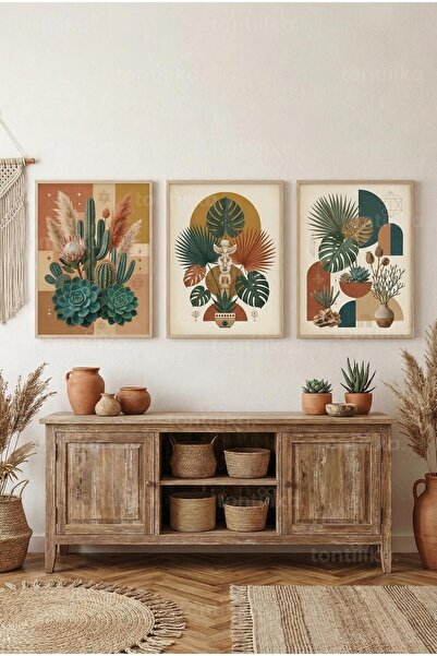 Tontilika Etnik Bohem Bitkiler ve Geometrik Desenler 3’lü Ahşap Çerçeveli Tab...